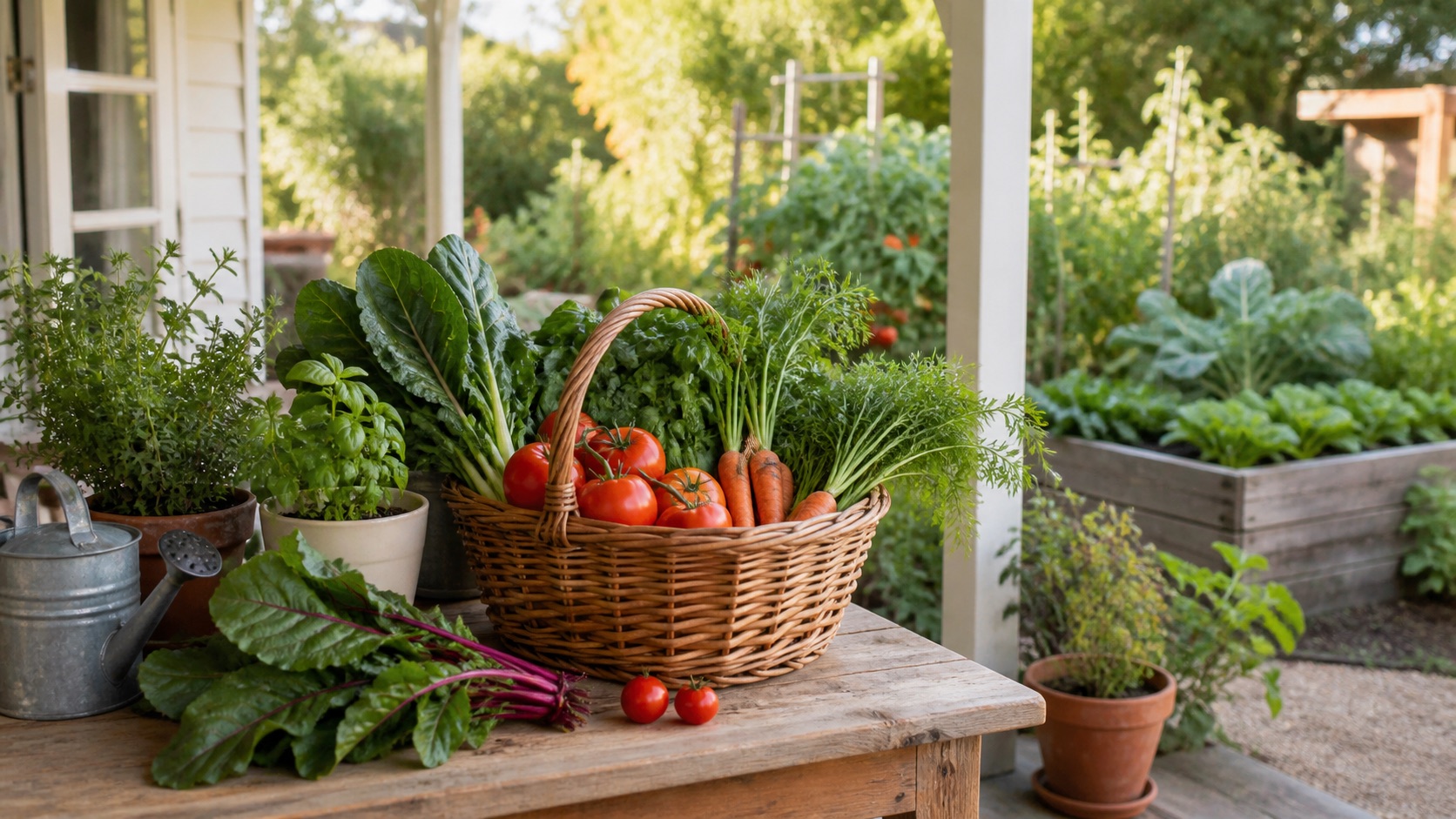 Freshly harvested vegetables in a garden